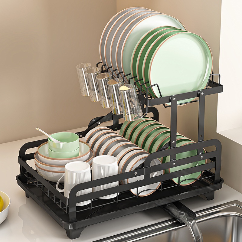 Kitchen Double Layer Cutlery Cup Storage Drain Dish Storage Rack