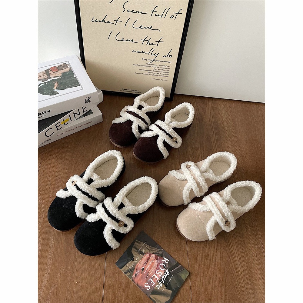 French Fur Shoes For Women Winter Outdoor Wear Velvet Versatile Flat Toe Shoes Casual Scoop Shoes Fur Single Shoes