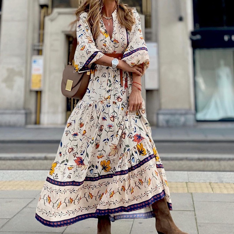 F D313 Ready-stock Fashion Foreign Trade Women's Clothing Autumn And Winter Fashion Printed Bohemian Long Dress - 1