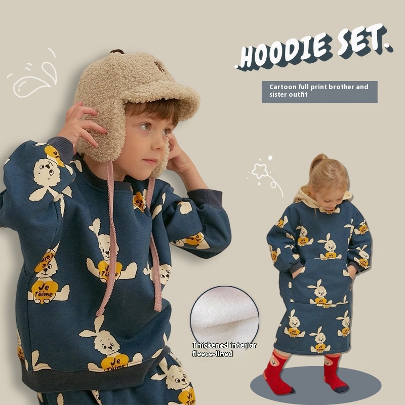PSChildren's Clothing Winter Children's Korean Version Rabbit Print Suit Boys And Girls Casual Plus Velvet Sweater Dress