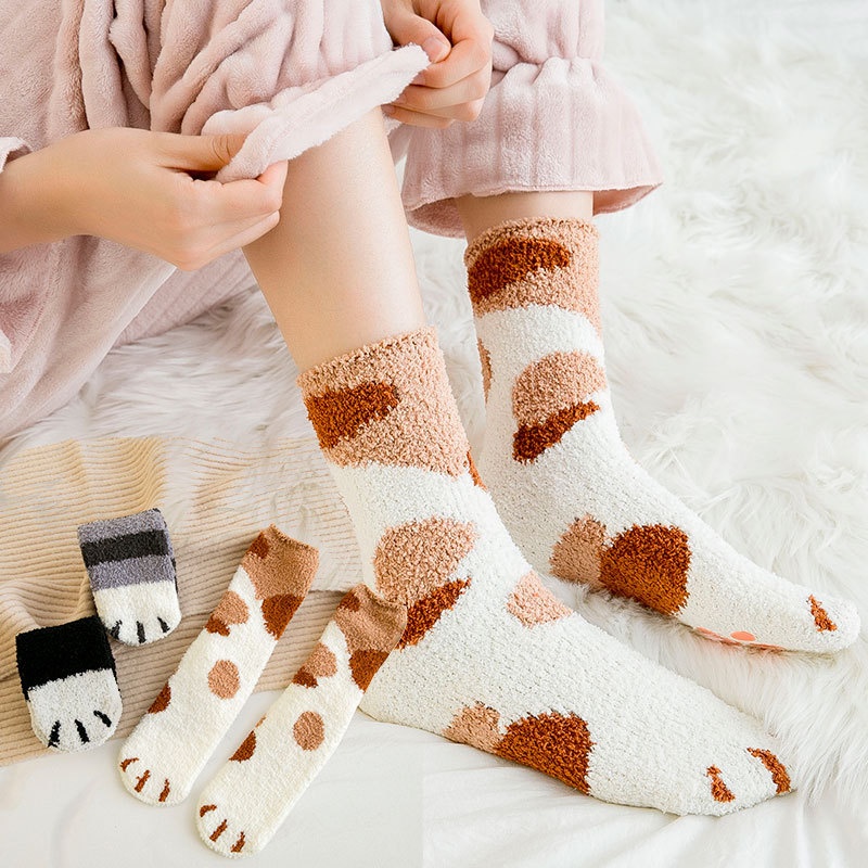 Sleeping Socks For Women,Confinement Sleeping Socks,Autumn And Winter Style,Floor,Adult Home Carpet,Cat Claw Socks,Non-slip Coral Fleece