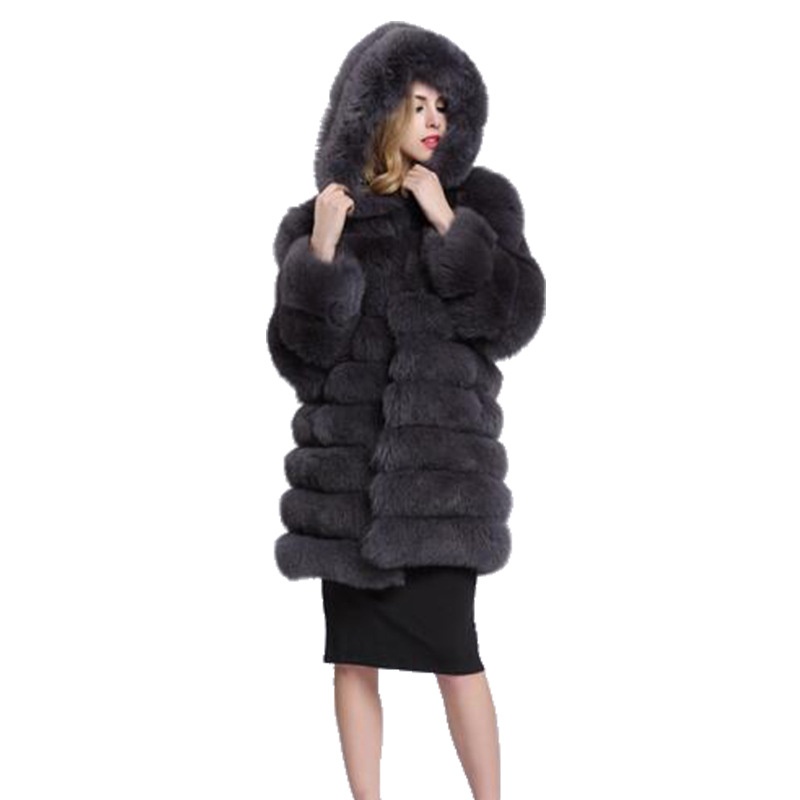 Women's Elegant Faux Fur Spliced Hooded Coat Fluffy Thickened Warm Fox Fur Coat - 5