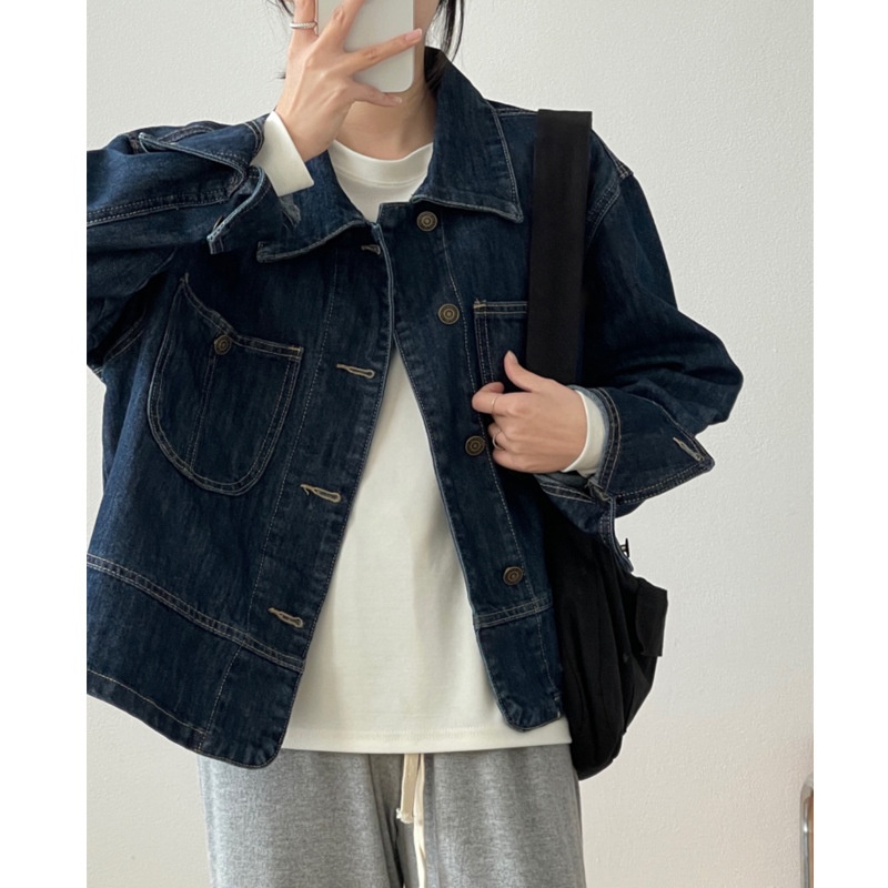 Retro Dark Blue Denim Jacket For Women Spring And Autumn Korean Style Washed Denim All-match Loose Short Jacket