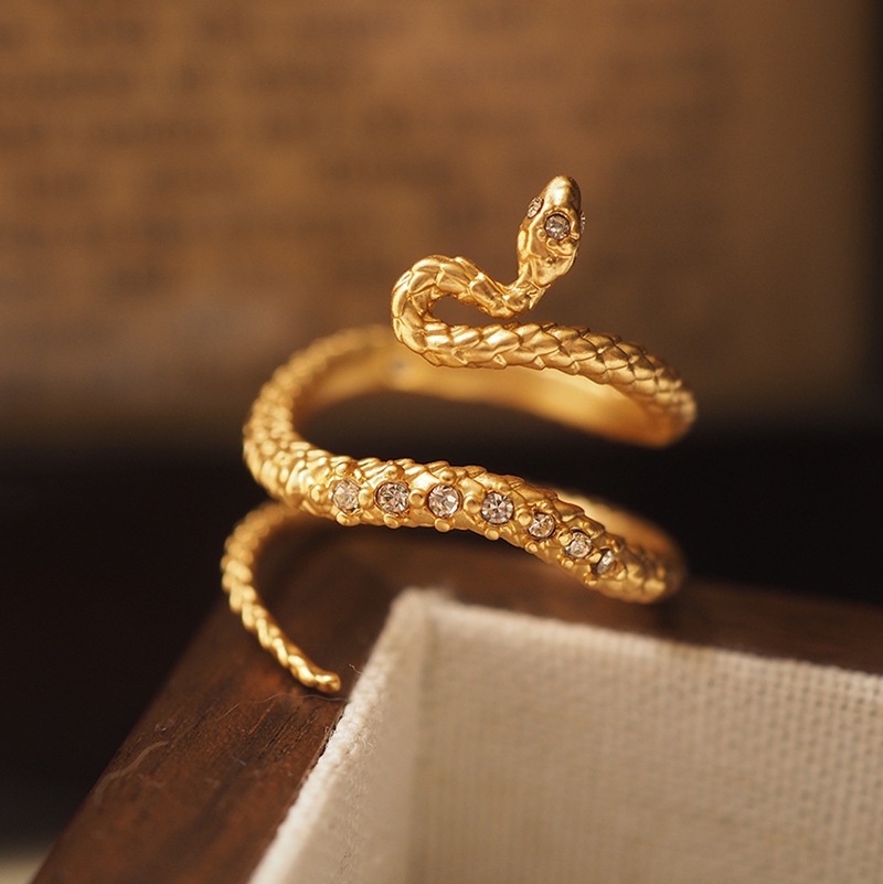 Niche Design Golden Snake Vintage Retro Middle-aged Ring With Diamond Opening And Adjustable Opening - 1