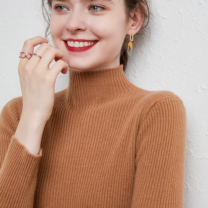Half Turtleneck Striped Slim Fit Sweater Solid Color Wool Bottoming Sweater Korean Style Cashmere Sweater For Women - 4