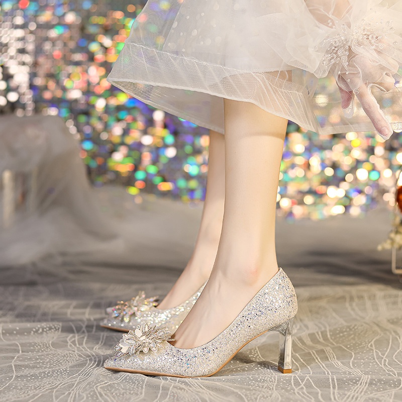 Silver Main Wedding Dress Thick Heel Wedding Shoes Bridal Shoes Women Glit Pointed Shallow Mouth Not Tired High Heels