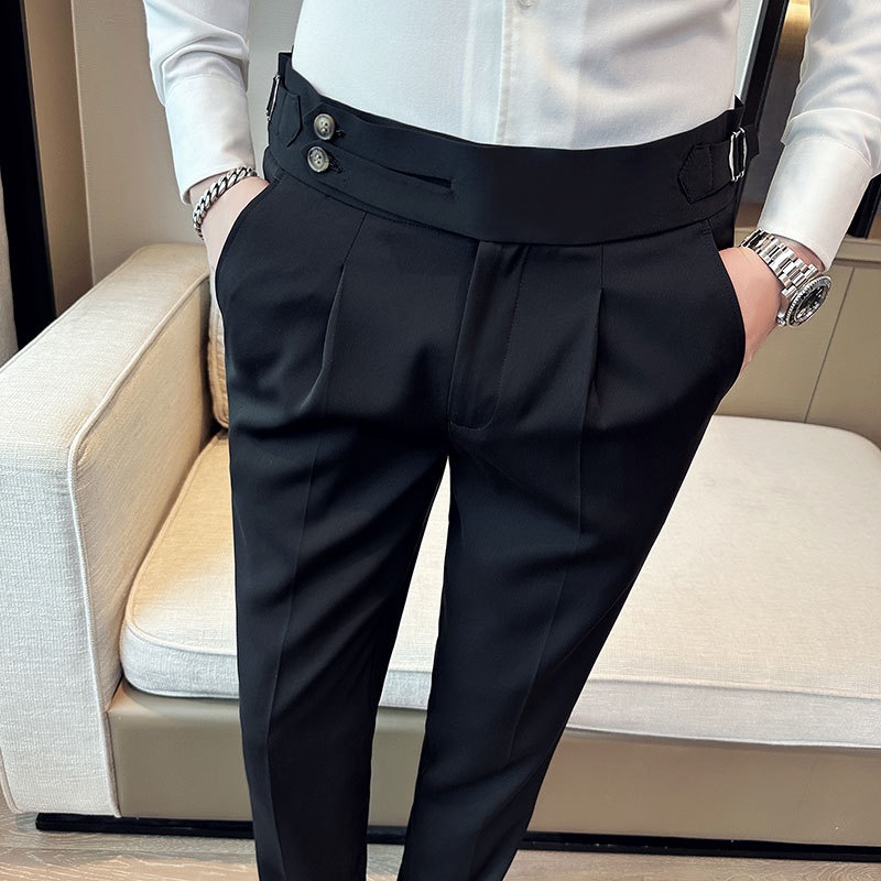 Naples High Waist Trousers Men's Italian Style Personalized Pleated Hem White Small Trousers Youth Long Trousers