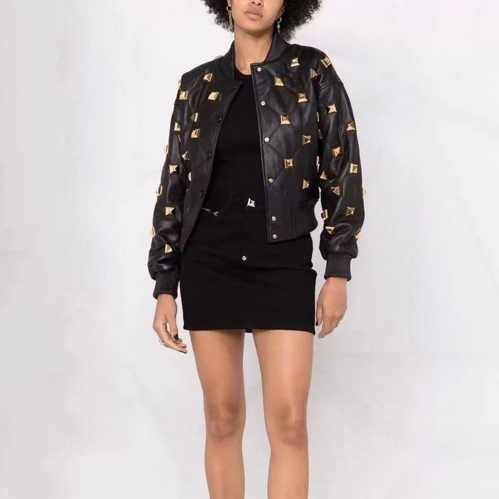 Heavy Industry PULeather Rivet Buckle Small Stand Collar Thread Stitching Jacket Small Coat Top