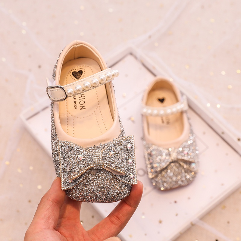 Girls'Bright Diamond Princess Shoes Spring Korean Style Bow Shoes Little Girls Soft Bottom Pearl Crystal Shoes