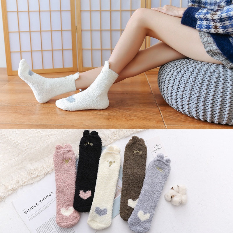 Autumn And Winter Coral Fleece Socks Women's Socks Winter Plus Velvet Thick Warm Sleeping Socks Embroidered Cat Claw Socks Floor Socks