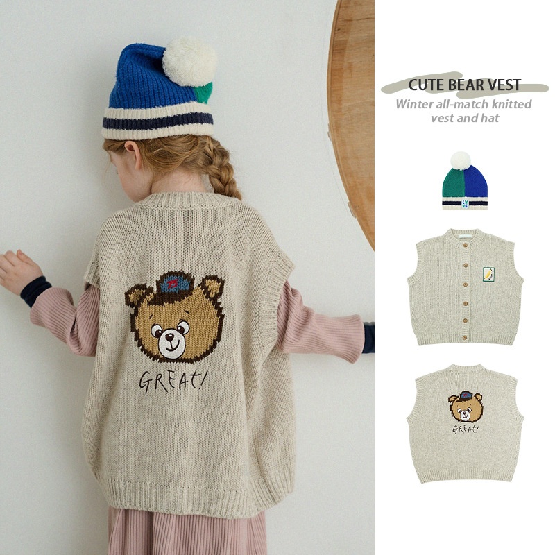 In Stock!Children's Autumn And Winter Knitted Vest Korean Version Baby Cute Bear Cardigan Jacket Girls Sweater Autumn