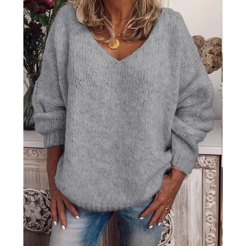 274125 European And American Foreign Trade Autumn And Winter Sweater V-neck Solid Color Loose Large Size Sweater Pullover Top For Women In Stock - 1