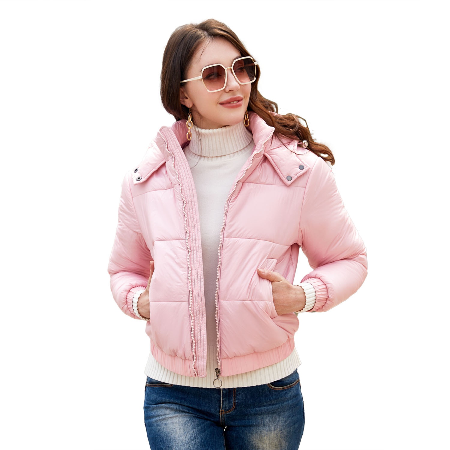 Autumn And Winter Hooded Cotton Coat20 DCoated Splash-proof European And American Fashion Coat Long Sleeve Shiny Cotton Coat For Women