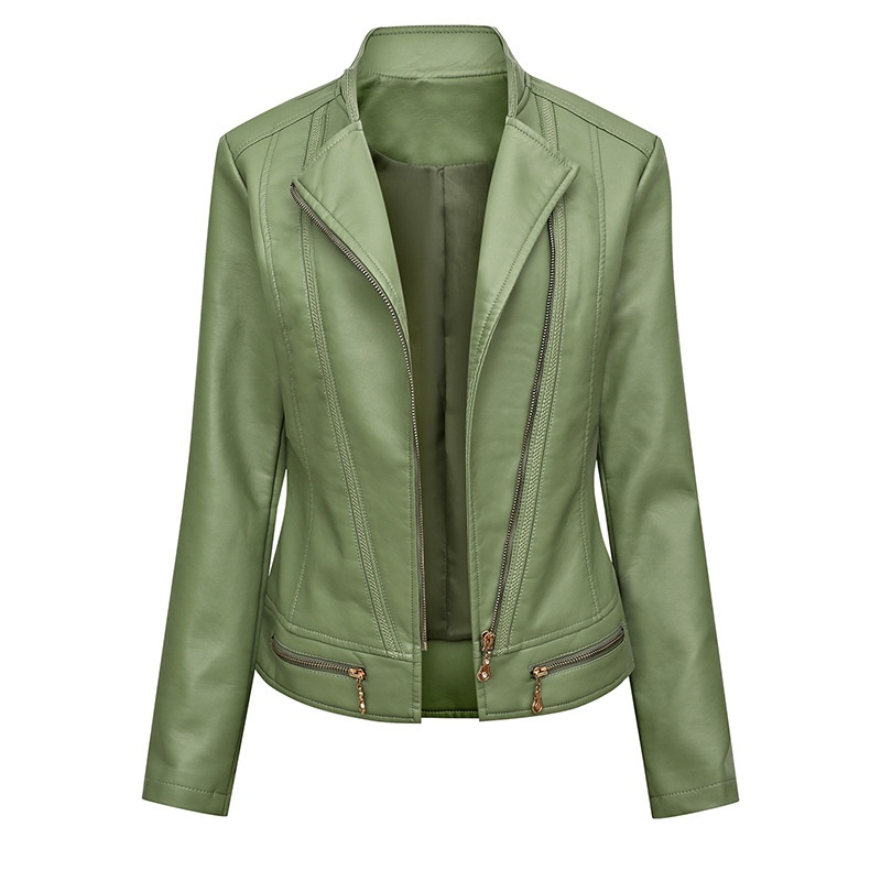European And American Spring And Autumn Women's Fit Thin Outdoor Casual Jacket Women's Motorcycle Wear Large Size Suit Collar P U Leather Jacket - 3