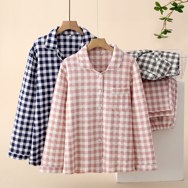 Air Layer Couple Suit Pure Cotton Plaid Home Clothes Quilted V-neck Men And Women Home Breathable Warm Pajamas