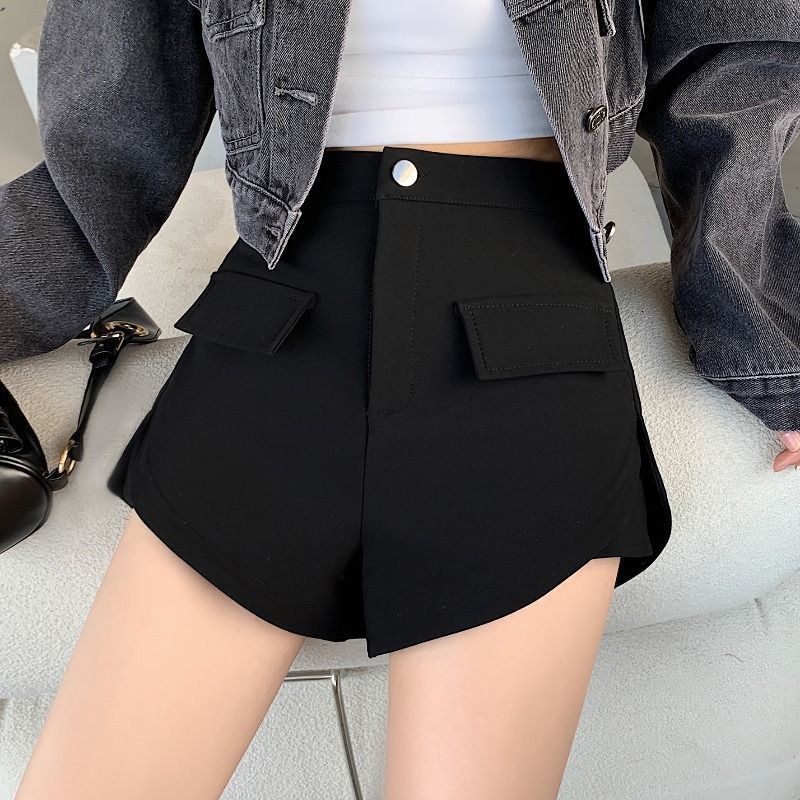 Irregular Slit Suit Shorts For Women Spring Black Bottoming Wear High Waist AWide Leg Pantsy Hot Pants