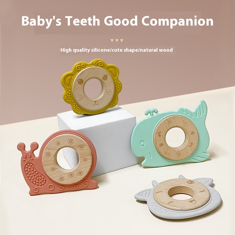 Cartoon Animal Wooden Ring Chewing Gum Children Soothing Anti-eating Hand-held Toys Food Grade Baby Teething Stick Silicone Teether