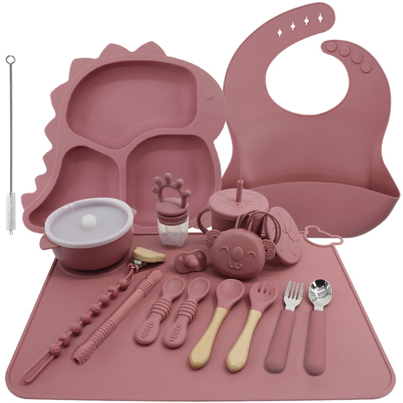 Cute Dinosaur Children's Food Grade Silicone Tableware Plate19-Piece Set Baby