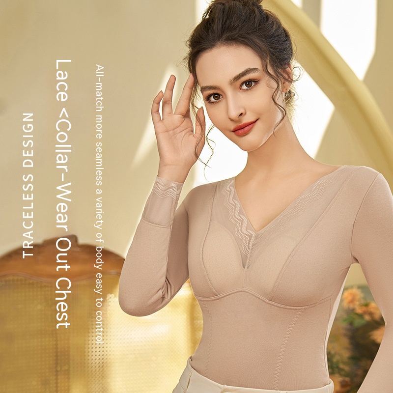 French V-neck Lace Slim Fit Warm Top Women's Fixed Cup Bra-free Outer Wear Base Underwear Large Size Cold Protection