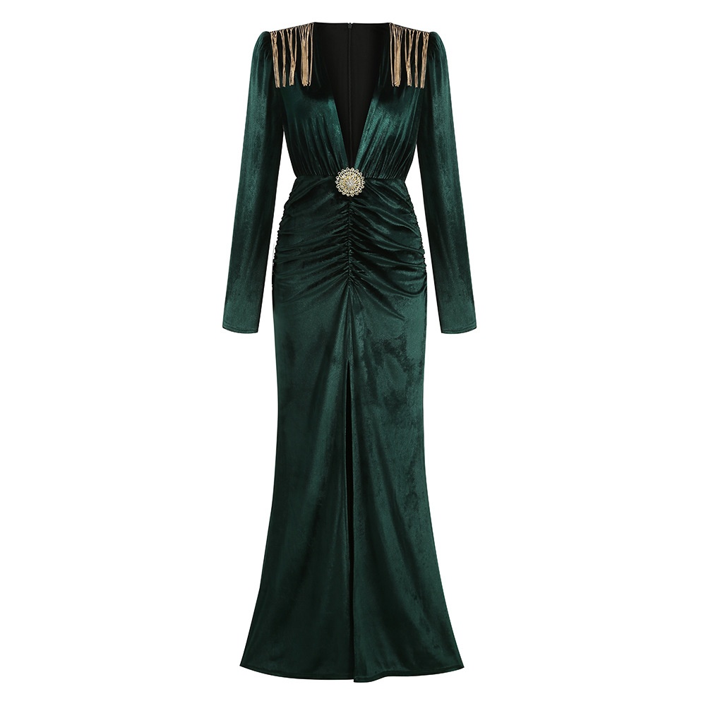 Foreign Trade European And American Clothing Deep V-neck Sexy Velvet Dress Long French High-end Autumn And Winter Dress For Women - 5