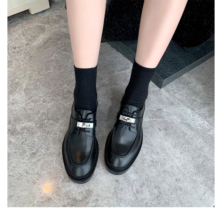 Grape Mom's British Style Lock Loafers Thick Bottom Thick Heel Lace-up Oxford Leather Shoes For Women Autumn