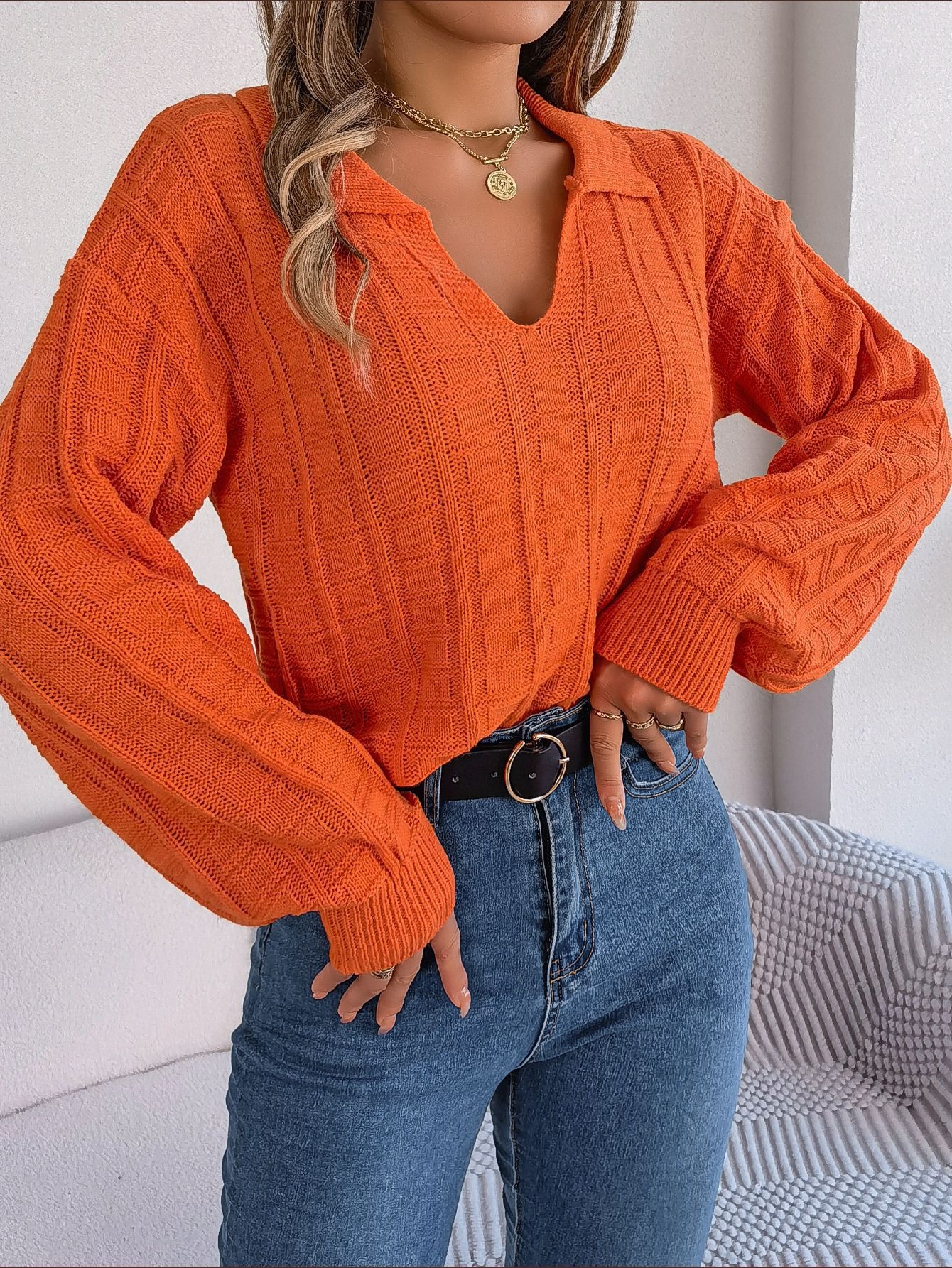 Real Shot Autumn And Winter Casual Lapel Solid Color Plaid Long-sleeved Knitted Pullover Sweater Independent Station Women's Clothing - 2