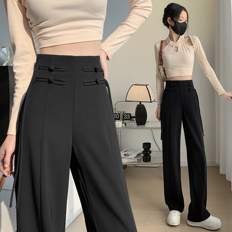 Chinese Style Buttoned Suit Pants For Women Spring Design High Waist Narrow Version Wide Leg Pants Chinese Style Casual Mopping Pants