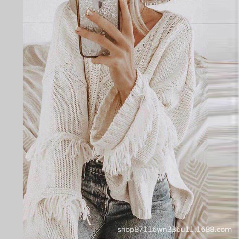 Autumn And Winter Street Y Pullover Tassel Design Sexy Off- Shoulder European And American Long- Sleeved Sweater For Women - 4