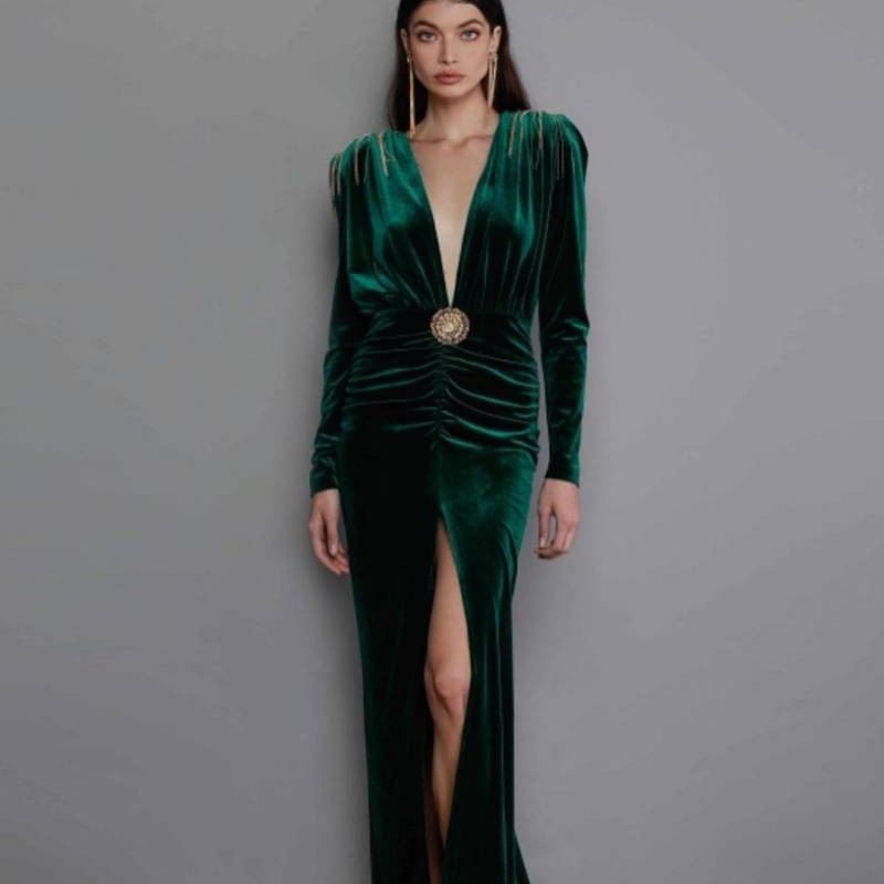 Foreign Trade European And American Clothing Deep V-neck Sexy Velvet Dress Long French High-end Autumn And Winter Dress For Women - 1