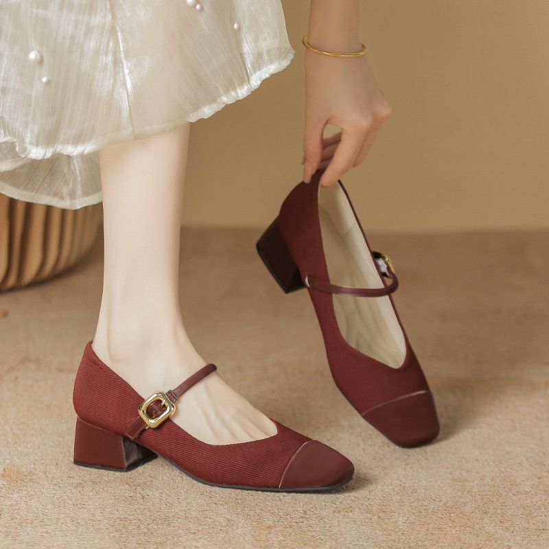 Shallow-mouth Single Shoes For Women Spring French Square-toed Thick-heeled Mary Jane Shoes For Women Wine Red High-heeled Single Shoes