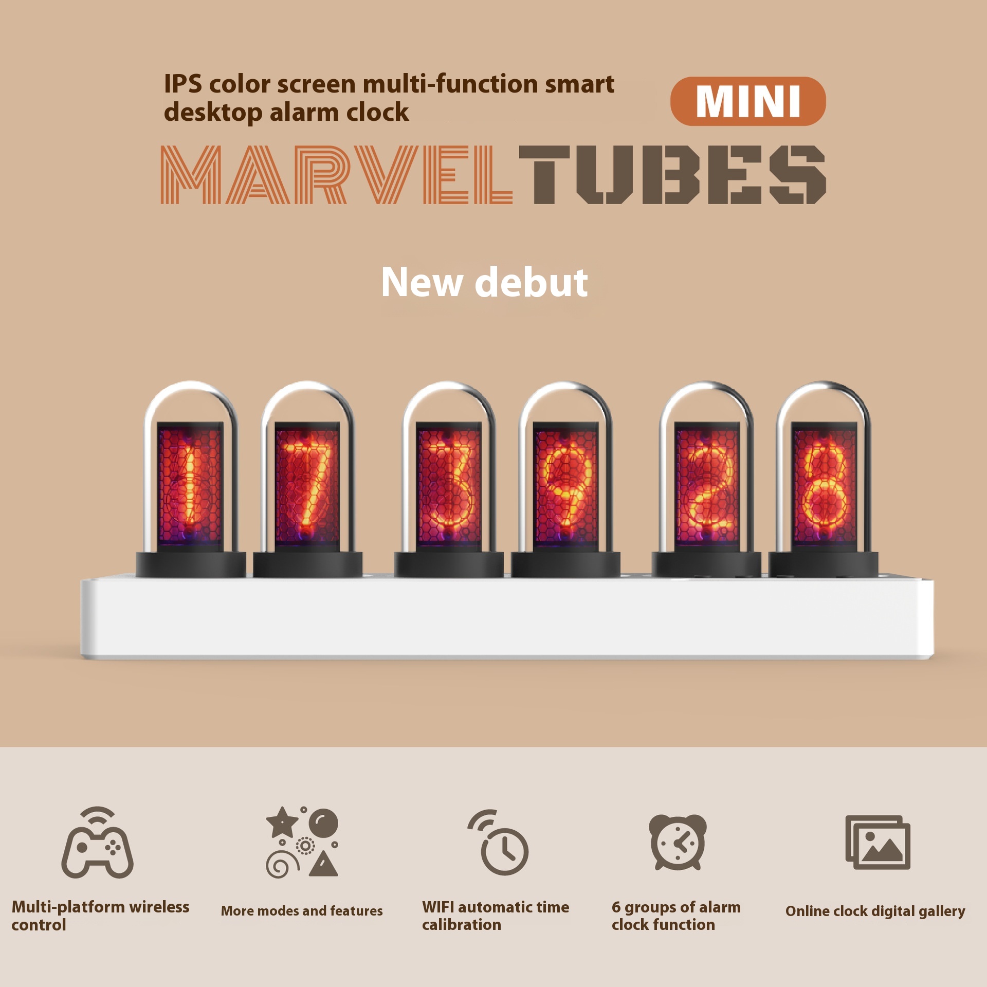 Mini IPSColor Screen Nixie Tube Digital Clock Alarm Clock Mobile Phone Wireless Control Desktop Ornaments