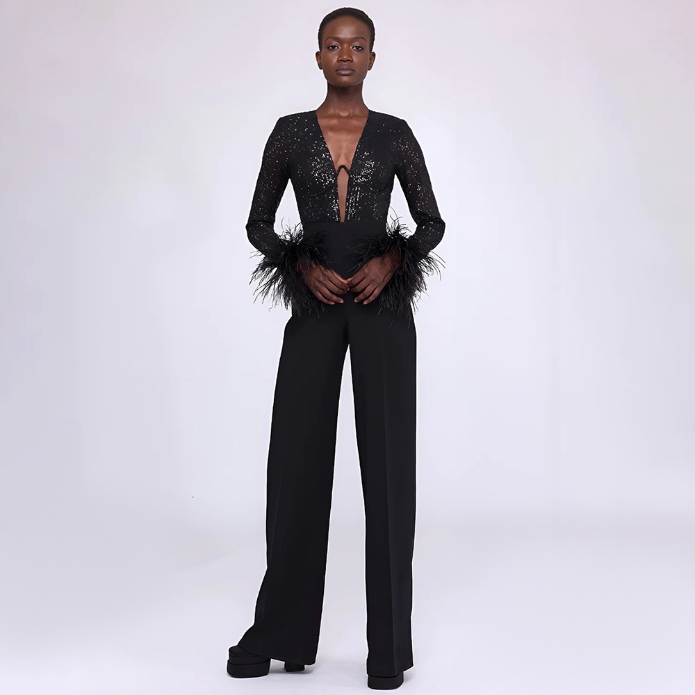 European And American Fashion Women's Spring And Summer Black Long-sleeved Sequined Feather Jumpsuit Long Legs High Jumpsuit