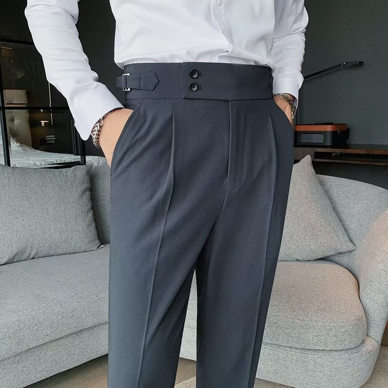Summer Solid Color High Waist Pants Men Straight Naples Casual Non-iron Business Italian Paris Buckle Long Trousers Men