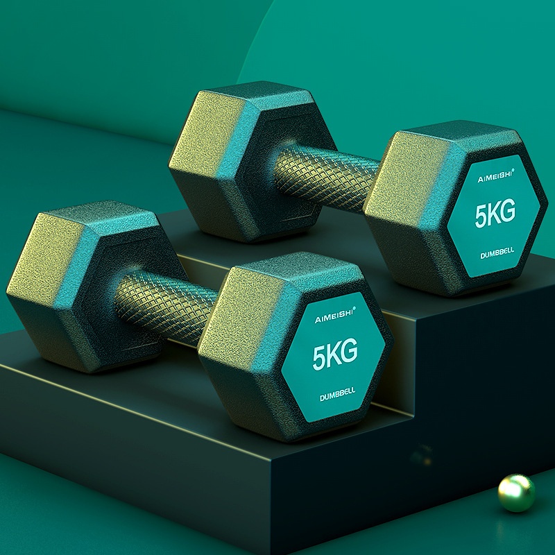 Students Practice Arm Muscle Home Fitness Equipment Male Pair Of5kg Rubber Covered Hexagonal Dumbbells