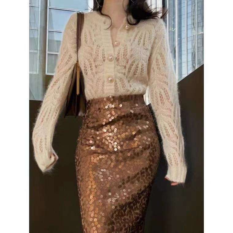 Short Round Neck Pearl Button White Hollow Thin Knitted Cardigan Sweater Jacket Women's Tops - 2