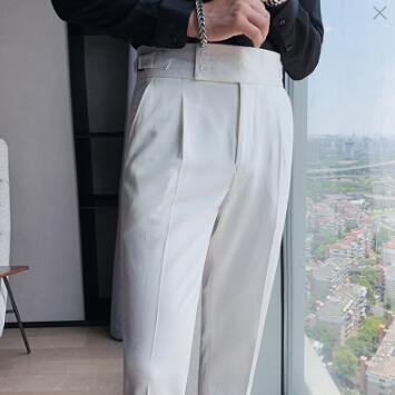 Casual Italian Retro High Waist Pants Men's Casual Straight Naples British Business Paris Buckle White Long Trousers