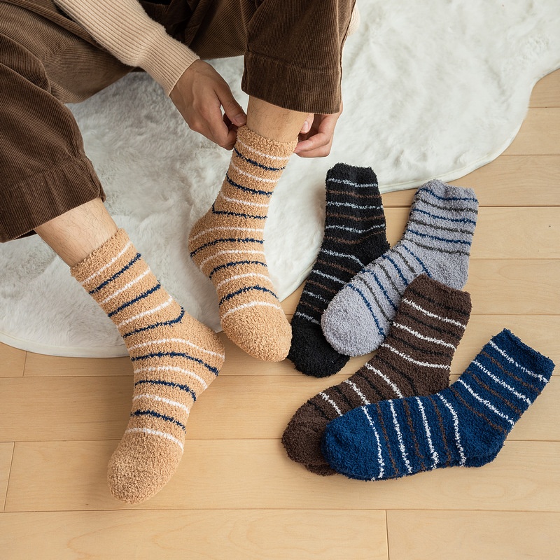 Men's Autumn And Winter Thick Coral Fleece Mid-tube Socks Thick Home Floor Sleeping Socks Stripes