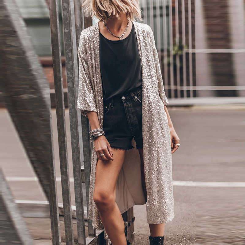 Summer Sequined Three-quarter Sleeve Sun Protection Shirt For Women European And American Fashion Personality Long Beach Shirt For Women