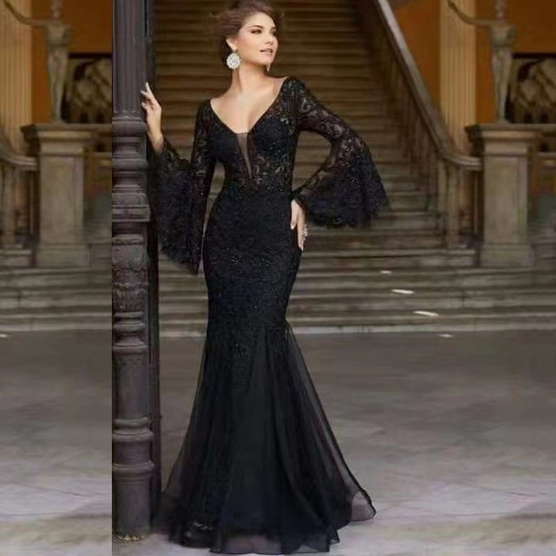 W T1120# Evening Dress Style Noble Sexy Slim Fishtail Long Banquet Dress Female Black Anchor - 4
