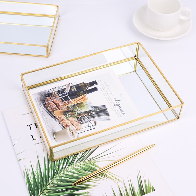 Gold-rimmed Glass European Mirror Decorative Jewelry Storage Tray