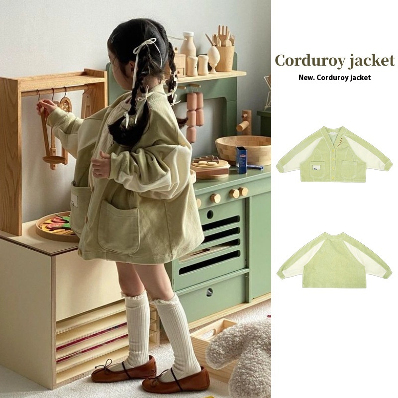 Ready Stock│TBBoys And Girls Korean Style Fashionable Patchwork Corduroy Jacket Children's Autumn And Winter Casual Loose Jacket Cardigan