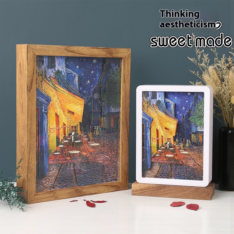 Van Gogh Cafe Photo Frame Painting3 DStereo Light And Shadow Paper Sculpture Lamp Night Light Table Lamp European And American Creative Gift Gift