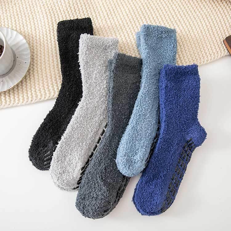 Men's Coral Fleece Socks Autumn And Winter Thickened Half-velvet Solid Color Dotted Socks Warm Mid-tube Socks Do Not Drop Velvet