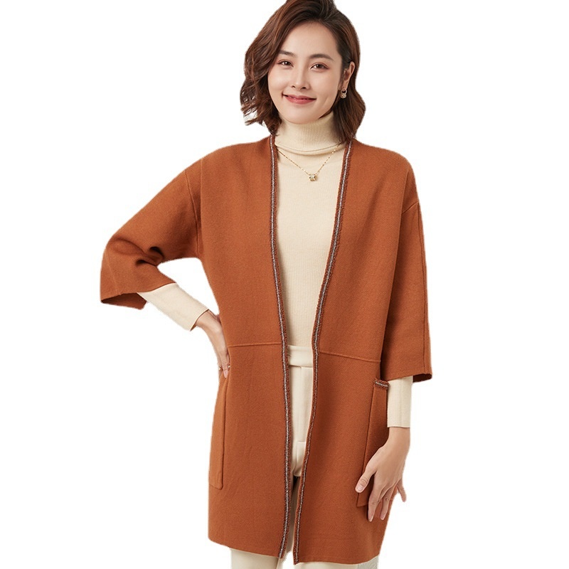 Autumn And Winter Core-spun Yarn Versatile Round Neck Loose Mid-length Coat Solid Color Temperament Woolen Jacket Top - 5