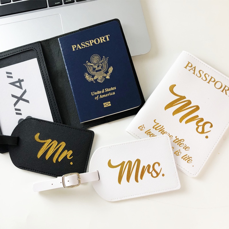 Pu Leather Black And White Couple Travel Document Bag Mr Mrs Passport Holder Luggage Tag Set