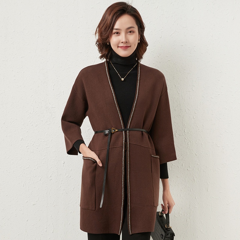 Autumn And Winter Core-spun Yarn Versatile Round Neck Loose Mid-length Coat Solid Color Temperament Woolen Jacket Top - 3