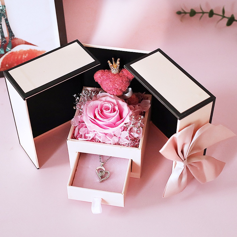 Double Door Bear Rose Creative Necklace Eternal Flower Gift Box