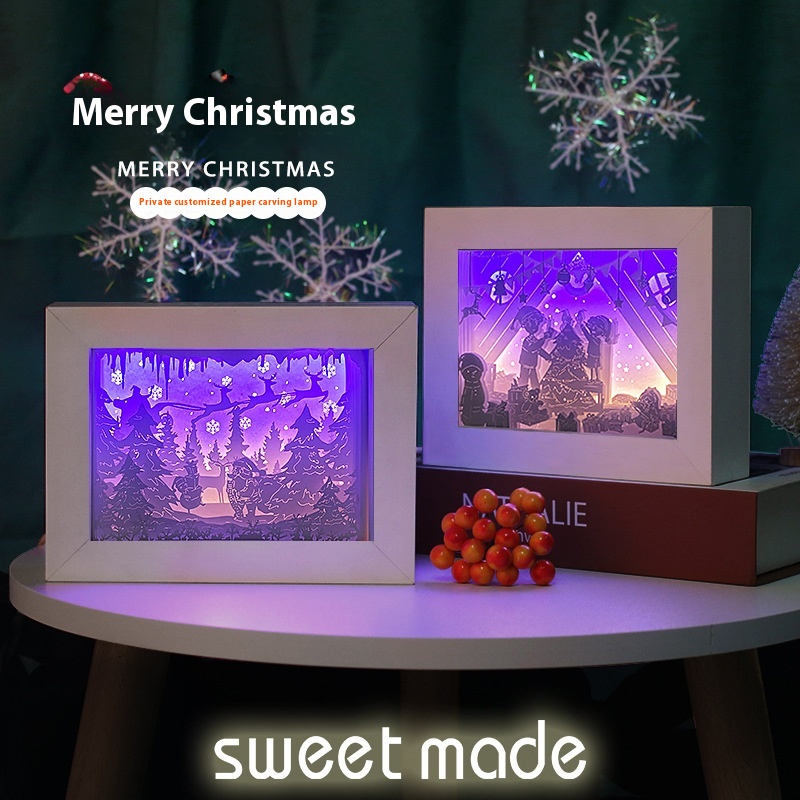 Creative Christmas Gift Paper-cut Photo Frame Lamp Bedroom Ornaments Bedside Small Night3d Stereo Light And Shadow Paper Sculpture Lamp Customization