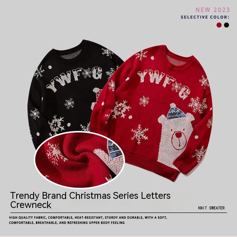 Y W F G Autumn And Winter Hong Kong Style Neutral Christmas Theme Casual Loose Sweater Versatile Round Neck Sweater - 2