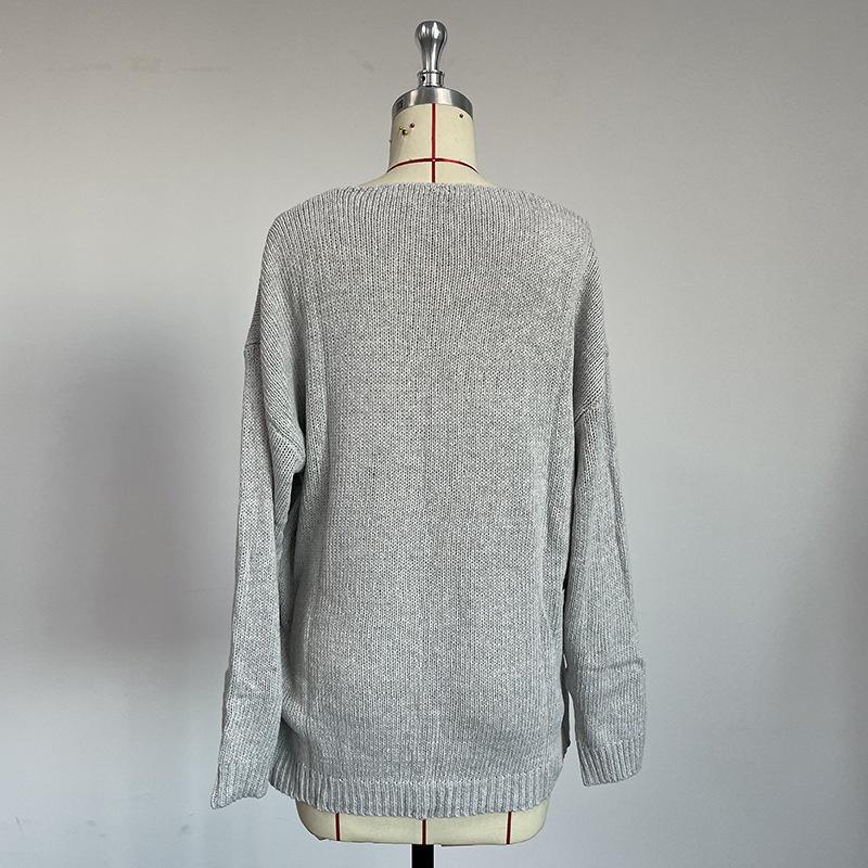 274125 European And American Foreign Trade Autumn And Winter Sweater V-neck Solid Color Loose Large Size Sweater Pullover Top For Women In Stock - 4